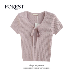 夏装 U领针织衫 新款 麻花系绳短袖 女上衣 纯欲甜辣短款 拾野森