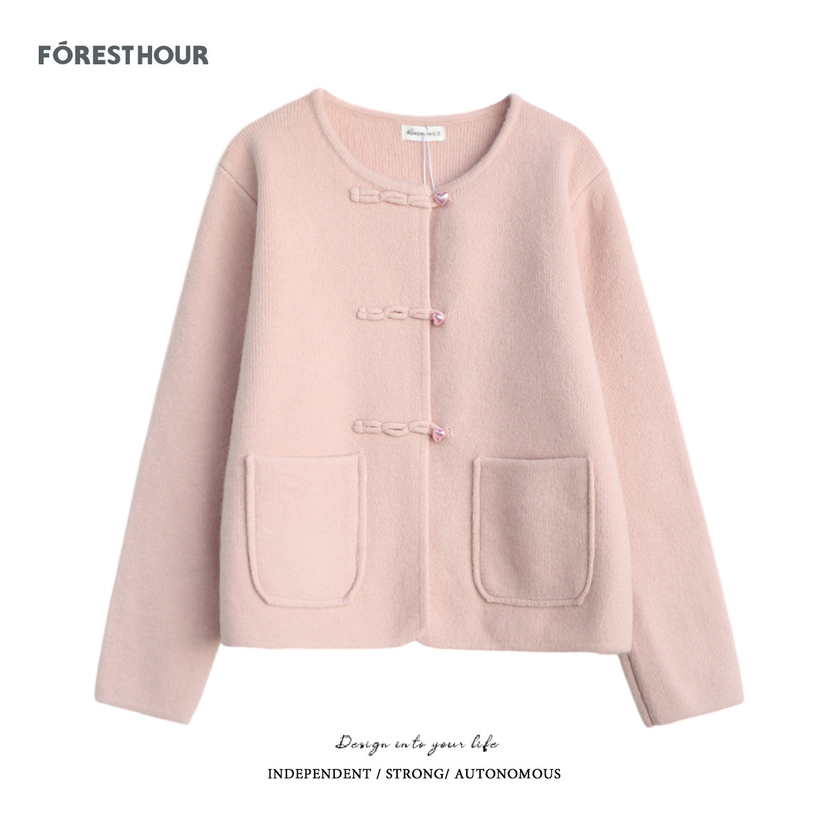 拾野森 冬装新款新中式慵懒风加厚宽松爱心盘扣圆领毛衣开衫外套,女装/女士精品,毛衣,淘宝优惠券,粉丝福利购,淘宝优惠卷