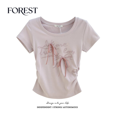 拾野森短款印花蝴蝶结T恤