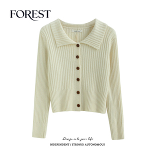 拾野森 秋装新款韩系温柔短款竖条纹收腰翻领针织衫上衣毛衣开衫