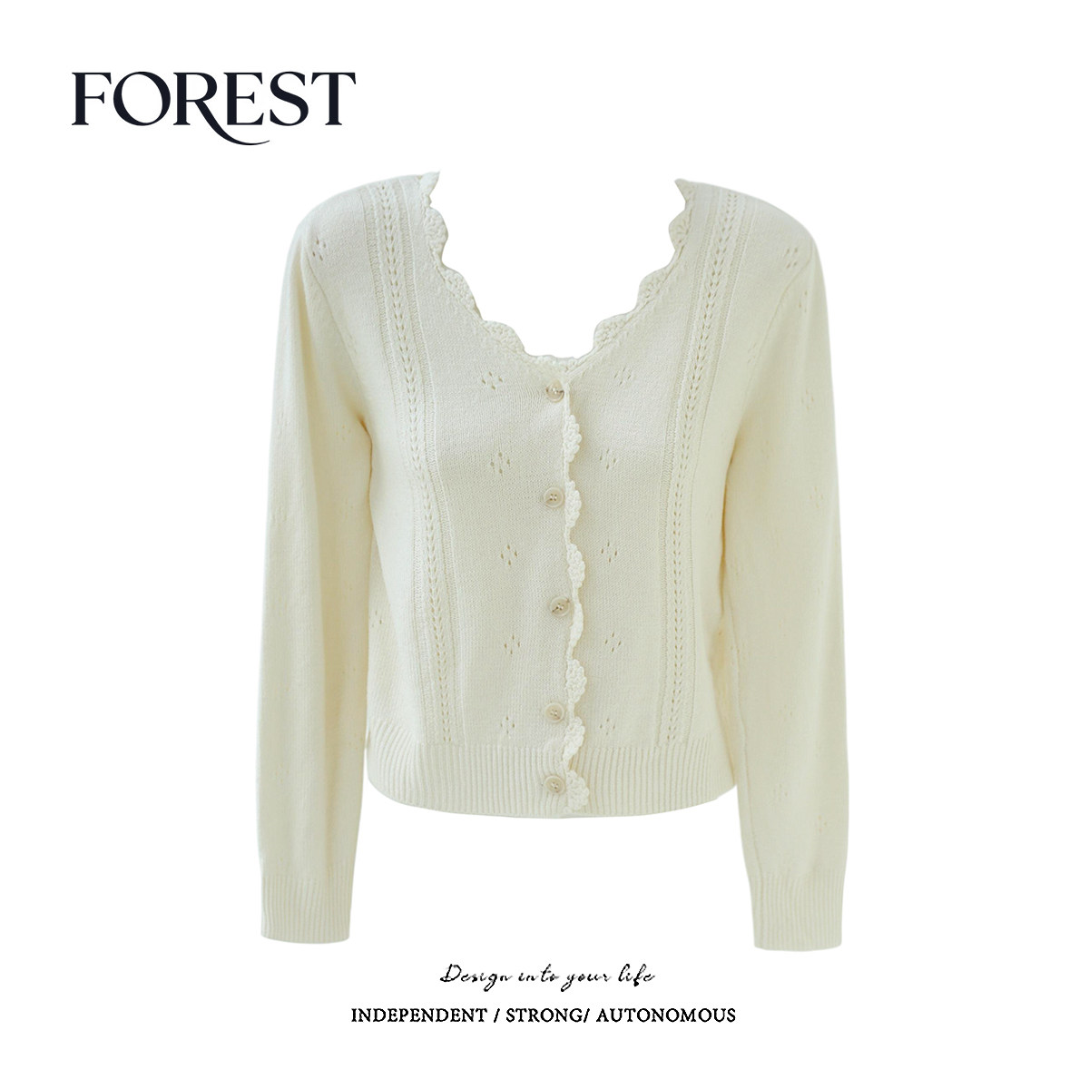 拾野森短款花边V领针织衫开衫