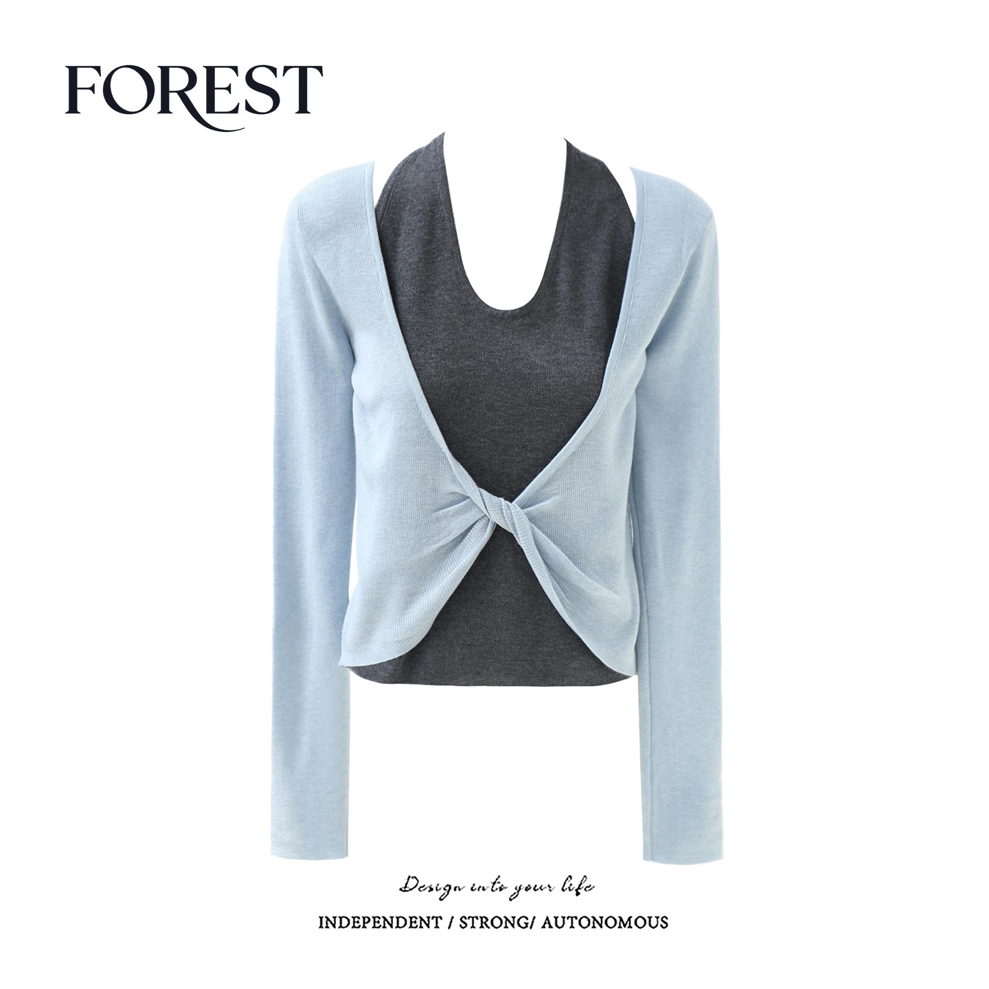 拾野森假两件扭结挂脖针织衫