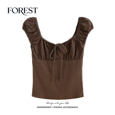 拾野森短款镂空绣花拼接上衣