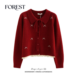 拾野森 冬装新款韩系短款蝴蝶结蕾丝花边长袖翻领毛衣开衫外套