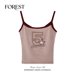 美式 拾野森 夏装 新款 条纹星星印花吊带背心 复古辣妹短款