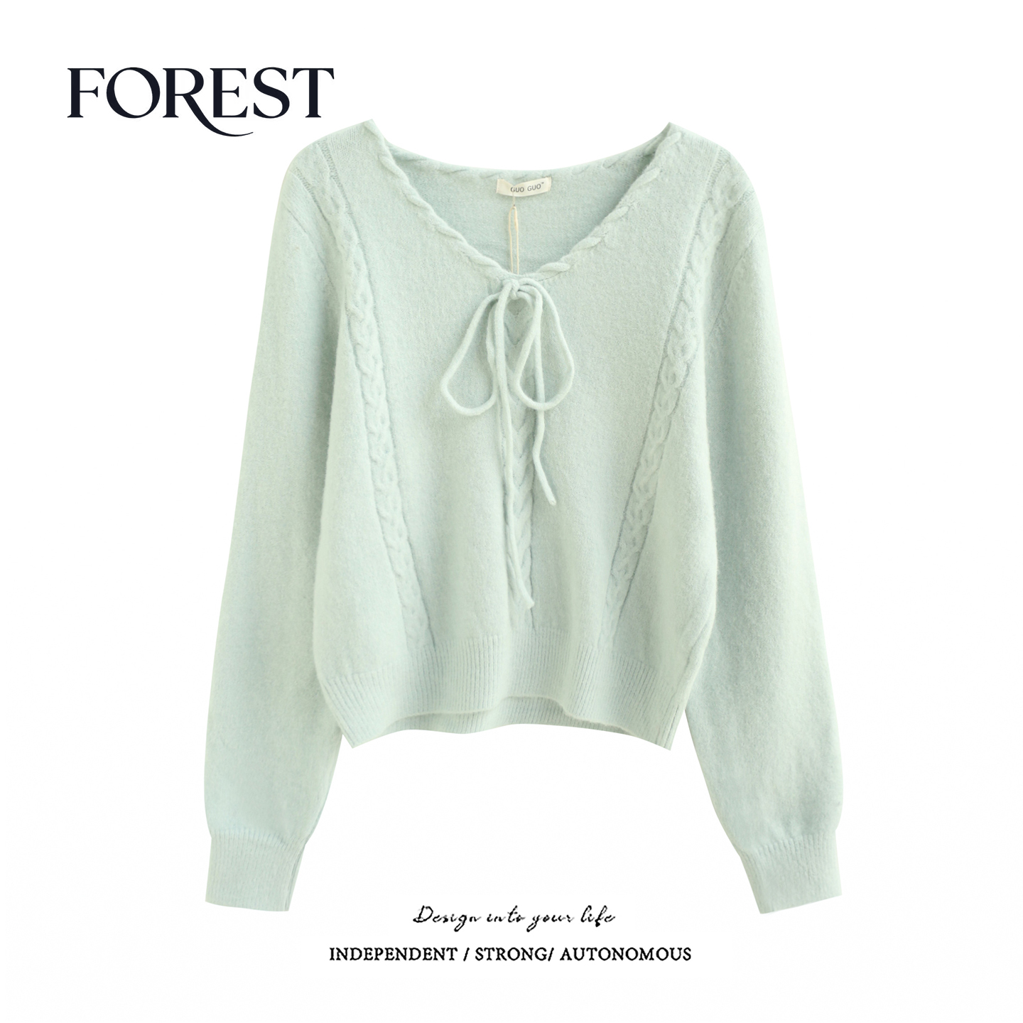 拾野森 秋冬新款韩版温柔少女短款麻花系绳长袖V领针织衫套头毛衣