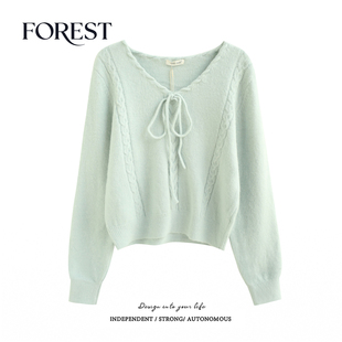 韩版 新款 温柔少女短款 麻花系绳长袖 套头毛衣 拾野森 V领针织衫 春装