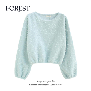 毛球流苏亮丝灯笼袖 拾野森 韩系短款 新款 圆领套头毛衣上衣 冬装