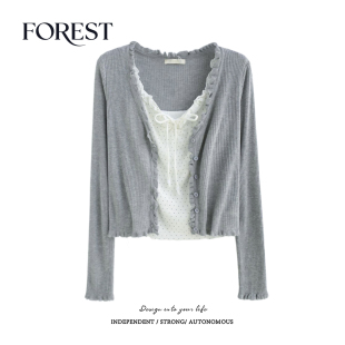 春装 针织开衫 新款 波点木耳边系绳吊带背心长袖 两件套 短款 拾野森