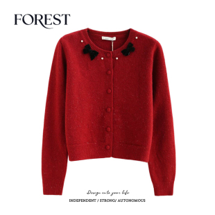 不退不换 2件5折 款 亮丝珍珠蝴蝶结长袖 外套 圆领毛衣开衫 清仓