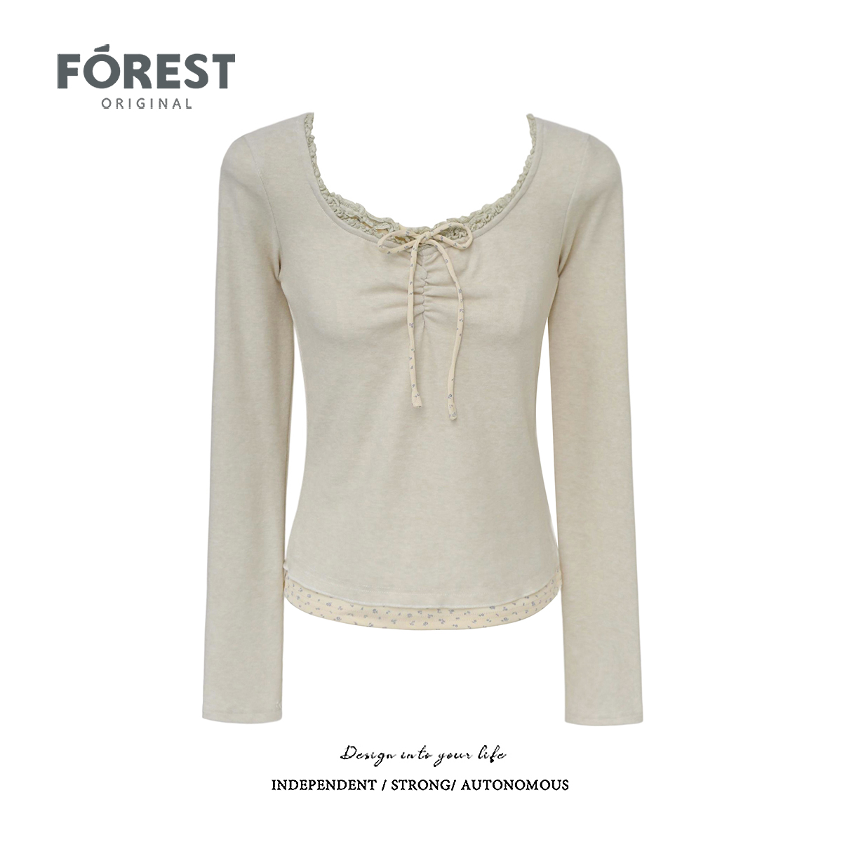 拾野森短款假两件碎花U领上衣