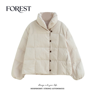 拾野森 冬装新款韩系宽松短款抽绳白鸭绒小翻领羽绒服外套小个子