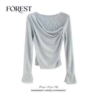 春装 针织衫 新款 收腰蕾丝拼接荡领喇叭袖 上衣 韩系气质短款 拾野森