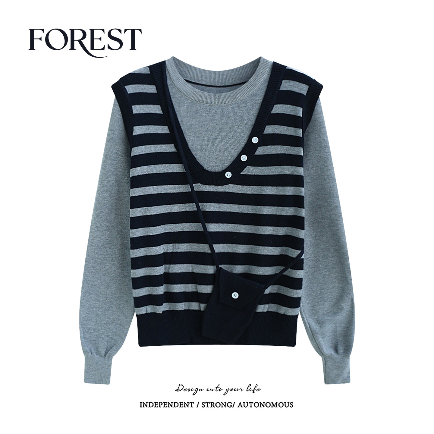 【清仓 2件5折 不退不换】松假两件条纹长袖圆领针织衫上衣带包包,女装/女士精品,毛针织衫,淘宝优惠券,粉丝福利购,淘宝优惠卷