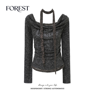 美式 新款 复古辣妹废土风假两件印花蕾丝围脖荡领上衣 秋装 拾野森