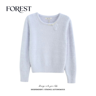 冬装 水貂毛珍珠扣长袖 新款 温柔短款 圆领套头毛衣上衣 韩版 拾野森