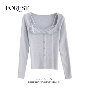 针织衫 拾野森 纯欲甜辣假两件吊带蕾丝花边翻领长袖 新款 上衣 春装