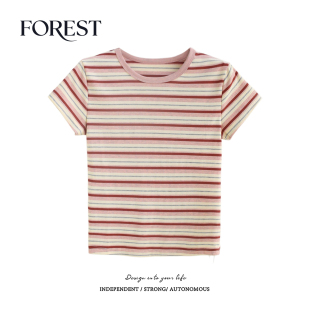 夏装 圆领T恤女上衣打底衫 新款 条纹短袖 BM风短款 拾野森