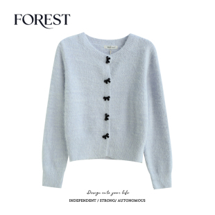 韩版 新款 温柔短款 水貂毛蝴蝶结长袖 外套 拾野森 圆领毛衣开衫 冬装