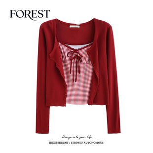 短款 新款 蕾丝花边格子蝴蝶结吊带背心长袖 针织衫 拾野森 开衫 春装