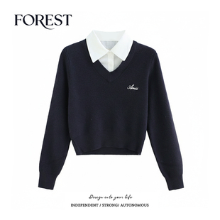 不退不换 2件5折 院风短款 假两件字母刺绣衬衫 毛衣 领长袖 清仓