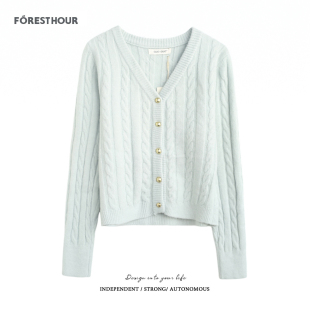 韩版 新款 温柔慵懒风短款 麻花V领针织衫 外套 拾野森 毛衣女开衫 冬装