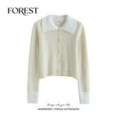 冬装 拼接毛毛翻领长袖 新款 拾野森 韩版 温柔短款 毛衣开衫 外套