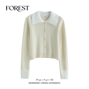 不退不换 2件5折 温柔短款 拼接毛毛翻领长袖 外套 毛衣开衫 清仓