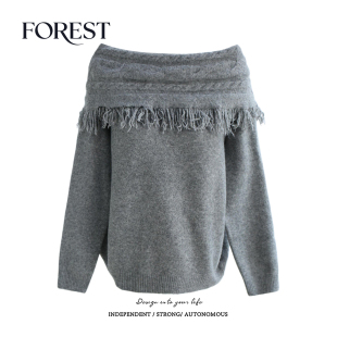 宽松慵懒风麻花流苏一字领长袖 不退不换 2件5折 套头毛衣 清仓