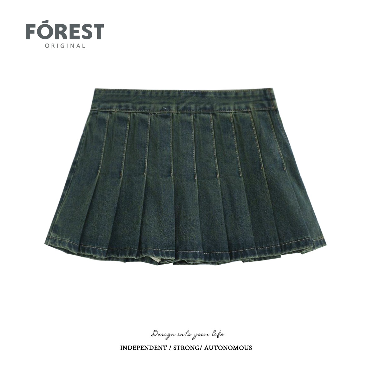 拾野森高腰牛仔半身裙百褶裙