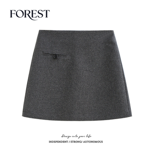 韩系高腰显瘦一粒扣毛呢半身裙A字裙短裙有安全裤 新款 冬装 拾野森