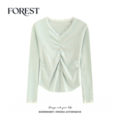 针织衫 打底衫 不退不换 褶蕾丝花边V领蝴蝶结长袖 清仓 2件5折