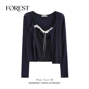 春装 针织开衫 新款 波点蕾丝花边吊带背心长袖 两件套 短款 拾野森