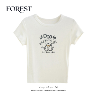 狗狗印花短袖 拾野森 BM风短款 新款 圆领T恤女上衣 夏装
