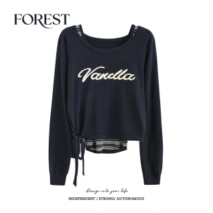 字母刺绣绑带一字领针织衫 拾野森春装 条纹背心长袖 韩版 两件套 新款