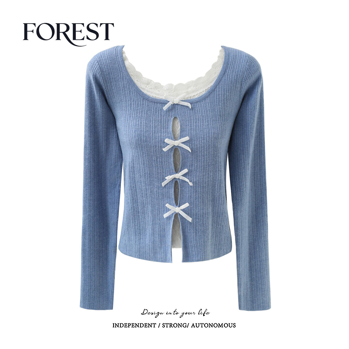 拾野森假两件蕾丝蝴蝶结针织衫