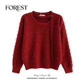 温柔亮丝爱心围脖飘带长袖 拾野森 韩版 新款 圆领套头毛衣上衣 冬装