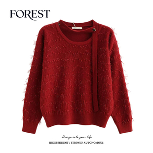 温柔亮丝爱心围脖飘带长袖 拾野森 韩版 新款 圆领套头毛衣上衣 冬装