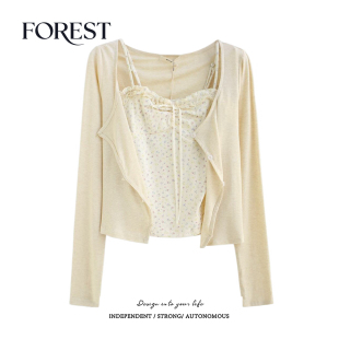 春装 开衫 新款 木耳边碎花吊带背心长袖 两件套 纯欲甜辣短款 拾野森