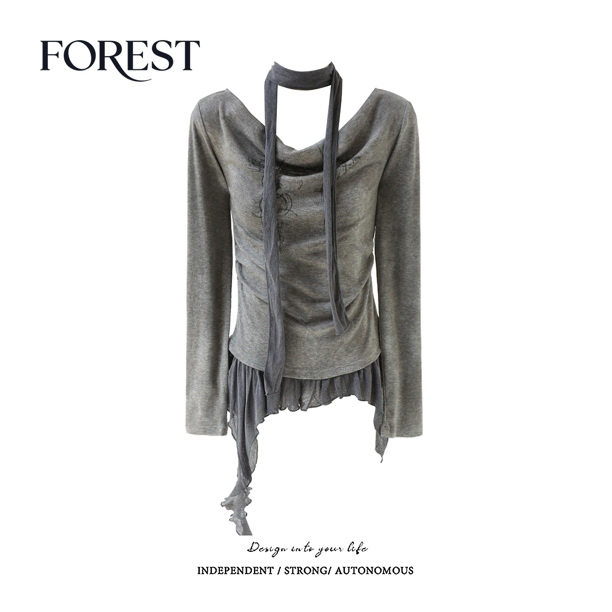 拾野森废土风印花围脖荡领上衣