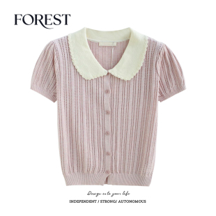 纯欲甜辣短款 新款 镂空花边娃娃领短袖 针织衫 拾野森 上衣开衫 夏装