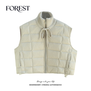 拾野森 冬装新款韩版短款针织立领系绳白鸭绒羽绒马甲背心外套女