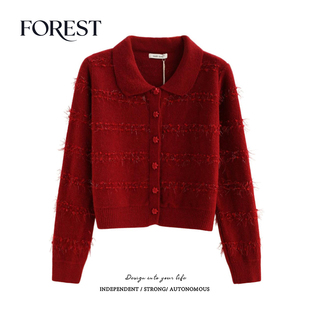 拾野森 冬装新款韩系短款毛球亮丝小花扣长袖翻领毛衣开衫外套
