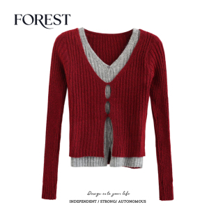 清仓 V领针织衫 2件5折 假两件镂空长袖 女上衣打底衫 不退不换