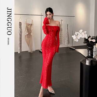 小众设计气质收腰红色蕾丝一字肩连衣裙7190 法式 JINGGUO轻奢