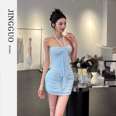 【JINGGUO轻奢】小众设计感法式抹胸包臀性感褶皱修身连衣裙7635