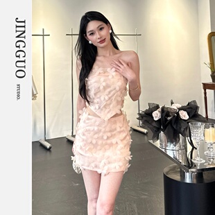 【JINGGUO轻奢】小众设计感性感纯欲立体花朵辣妹修身两件套7699