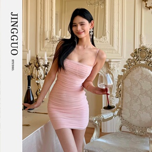 性感吊带修身 小众设计感法式 显瘦包臀连衣裙7546 JINGGUO轻奢