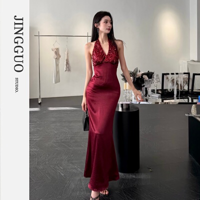 【JINGGUO轻奢】小众设计感挂脖亮片收腰红色鱼尾礼服连衣裙7631