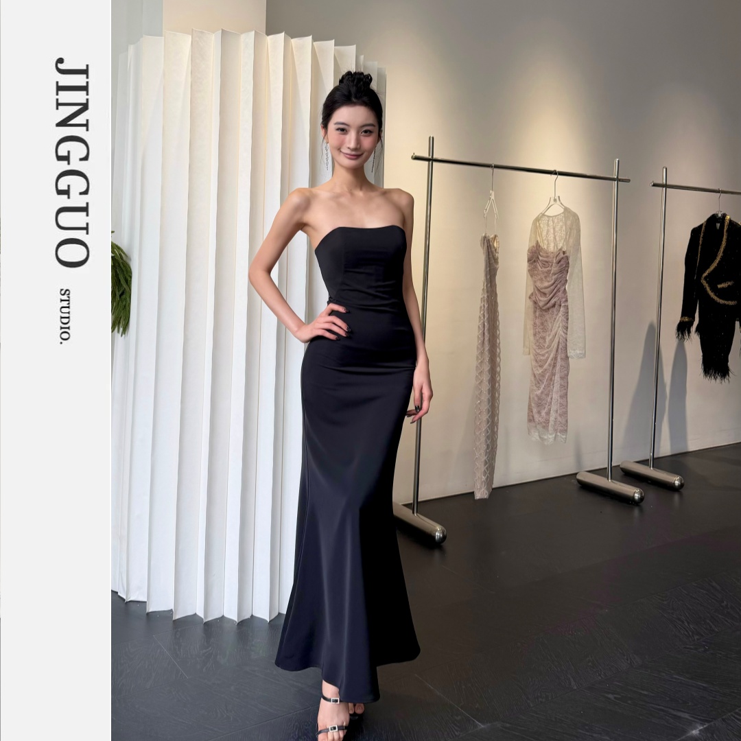 【JINGGUO轻奢】小众设计极简风抹胸修身黑色性感显瘦连衣裙7574